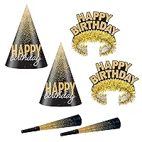 16 Piece Silver & Gold Birthday Party Supplies Box with Cone Hats, Tiaras, Horns