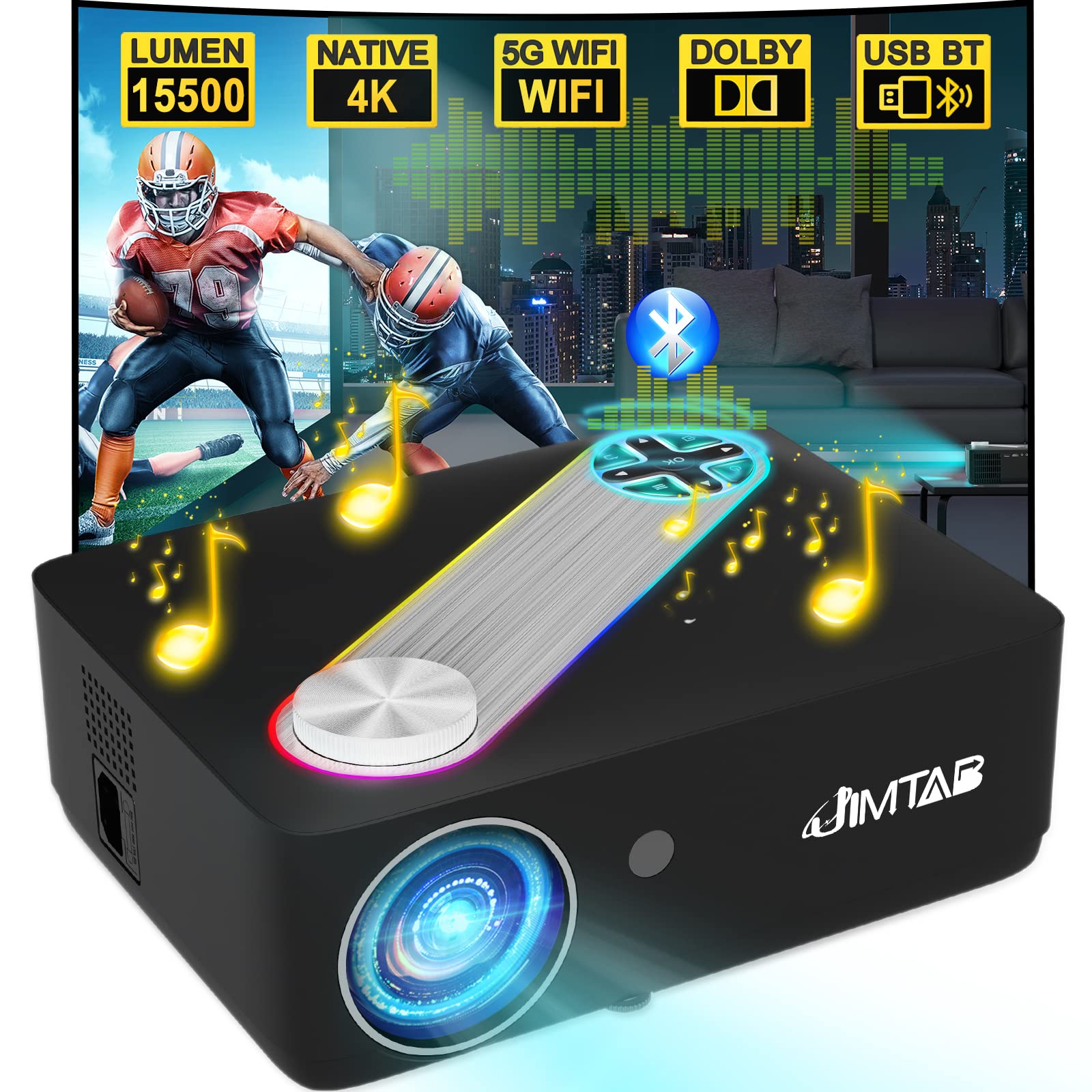 JIMTAB 2023 M22 Pro Native 1080P WiFi Video Projector with Bluetooth, Short Throw Portable Indoor 5G Projector Support AV,VGA,USB,HDMI Compatible with Xbox,Laptop,iPhone and Android (M22 Pro)