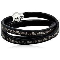 Mens Stainless Steel Lord's Prayer Leather Wrap Bracelet (6.5 mm), Black, One Size