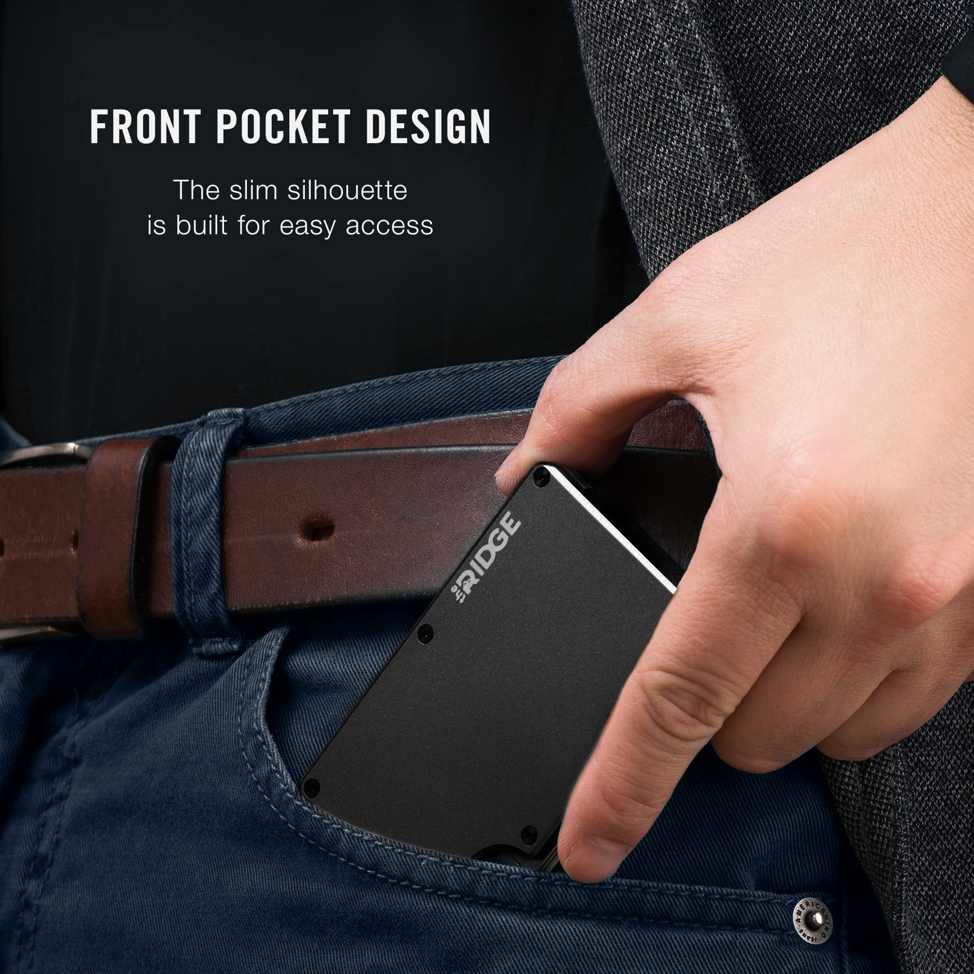 The Ridge Minimalist Slim Wallet For Men - RFID Blocking Front Pocket Credit Card Holder - Aluminum Metal Small Mens Wallets with Cash Strap (Black)