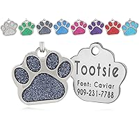 Pet ID Tags, Personalized Dog Tags and Cat Tags, Custom Engraved, Easy to Read, Cute Glitter Paw Pet Tag (Black)