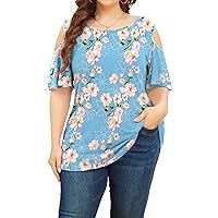 POSESHE Womens Plus Size Summer Tunic Tops Cold Shoulder Tee Ruffle Short Sleeve T Shirt