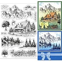 GLOBLELAND Landscape Clear Stamps Tree Bridge River Scenery Clear Stamps House Tree Mountain Background Clear Stamps for DIY Scrapbooking Photo Album Decorative Cards Making 6.3×4.33inch