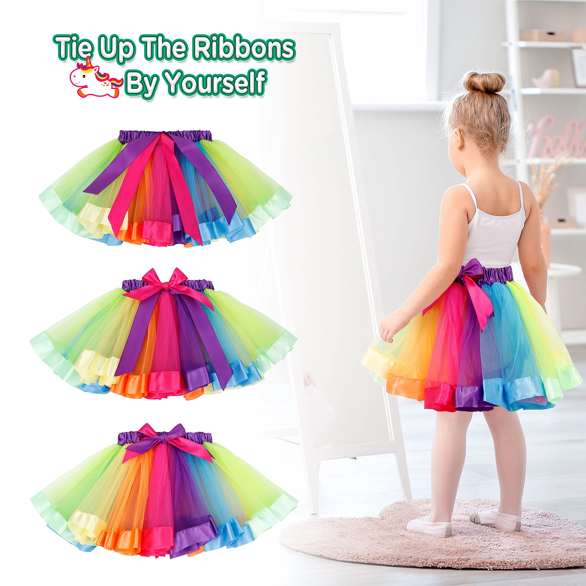 Simplicity Girls Rainbow Layered Tulle Tutu Skirt with Unicorn Headband & Hair Bow