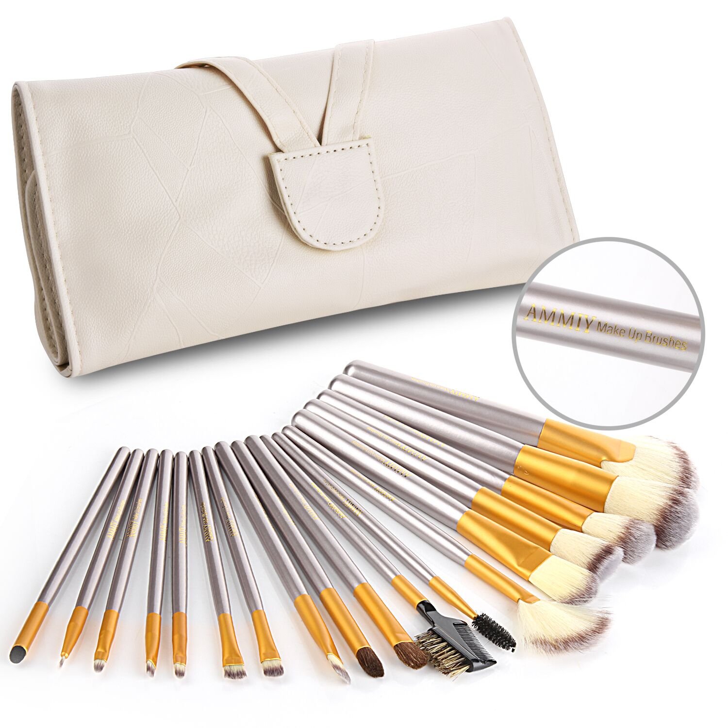 AMMIY Makeup Brushes 18 PCs Makeup Brush Set Professional Wood Handle Premium Synthetic Contour Concealers Foundation Blending Face Powder Eye shadow Cosmetic Brushes with PU Leather Bag (Champagne)