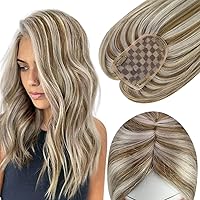 Full Shine Crown Hair Topper for Women Remy Human Hair Mono Base Wiglet Color 8P60 Ash Brown And Blonde Clip in Crown Toppers 3X5 Inch Top Hair pieces Hair Cover Gray Hair 14 Inch