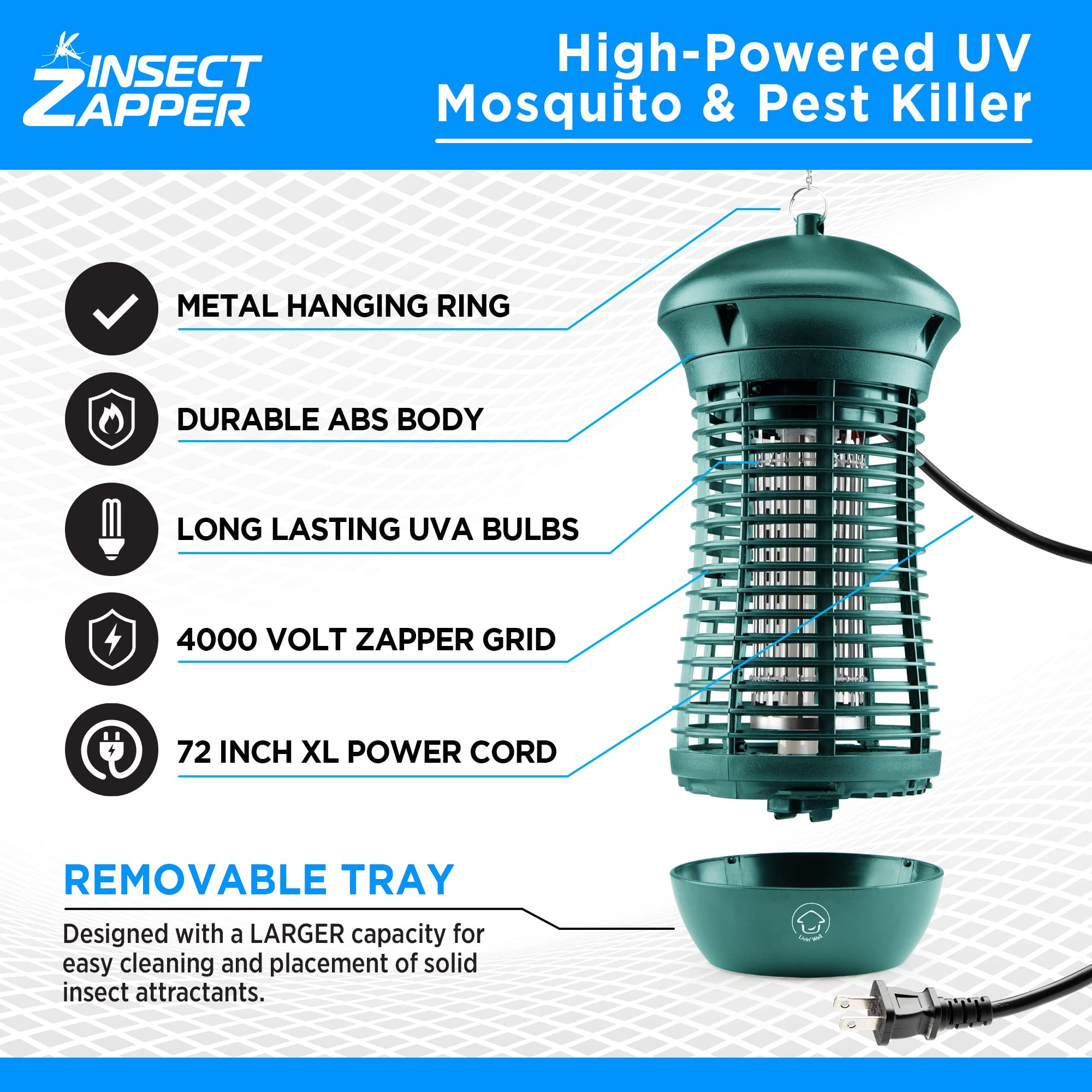 Livin’ Well Green Bug Zapper Indoor Outdoor - 4000V High Powered Electric Mosquito Zapper Home Patio, 1,500 Sq Ft Range Fly Zapper Mosquito Trap, 18W UVA Bulb Mosquito Killer Lamp Insect Bug Light