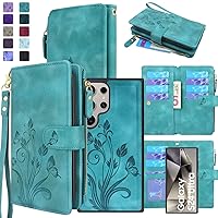Lacass Case Wallet for Samsung Galaxy S24 Ultra 6.8 inch 2024, [12 Card Slots] ID Credit Cash Holder Zipper Pocket Detachable Leather Wallet Cover with Wrist Strap Lanyard（Floral Blue Green）