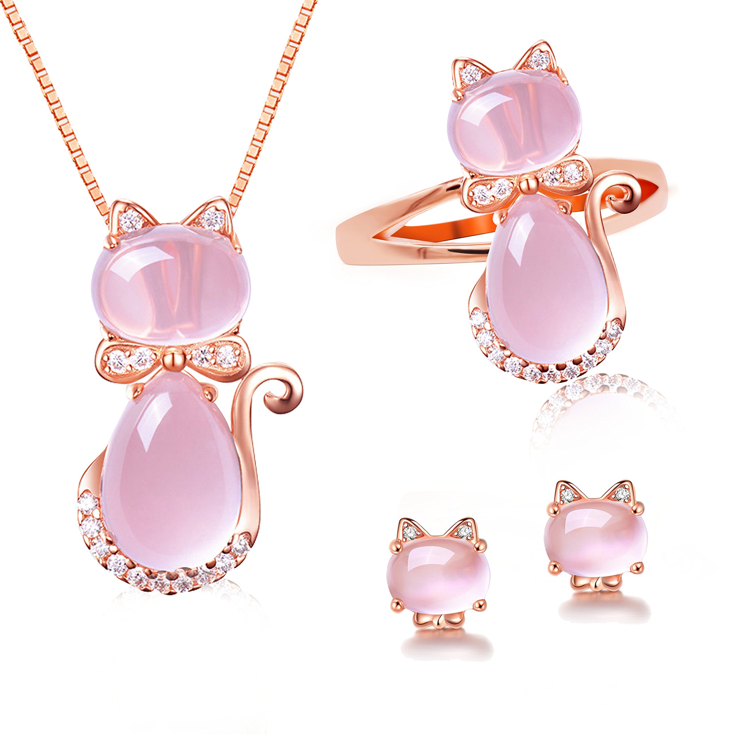 Uloveido Girl's Cute Cat Animal Jewelry Set Created Pink Opal Cat's Eye Stud Earrings Necklace Ring Y427