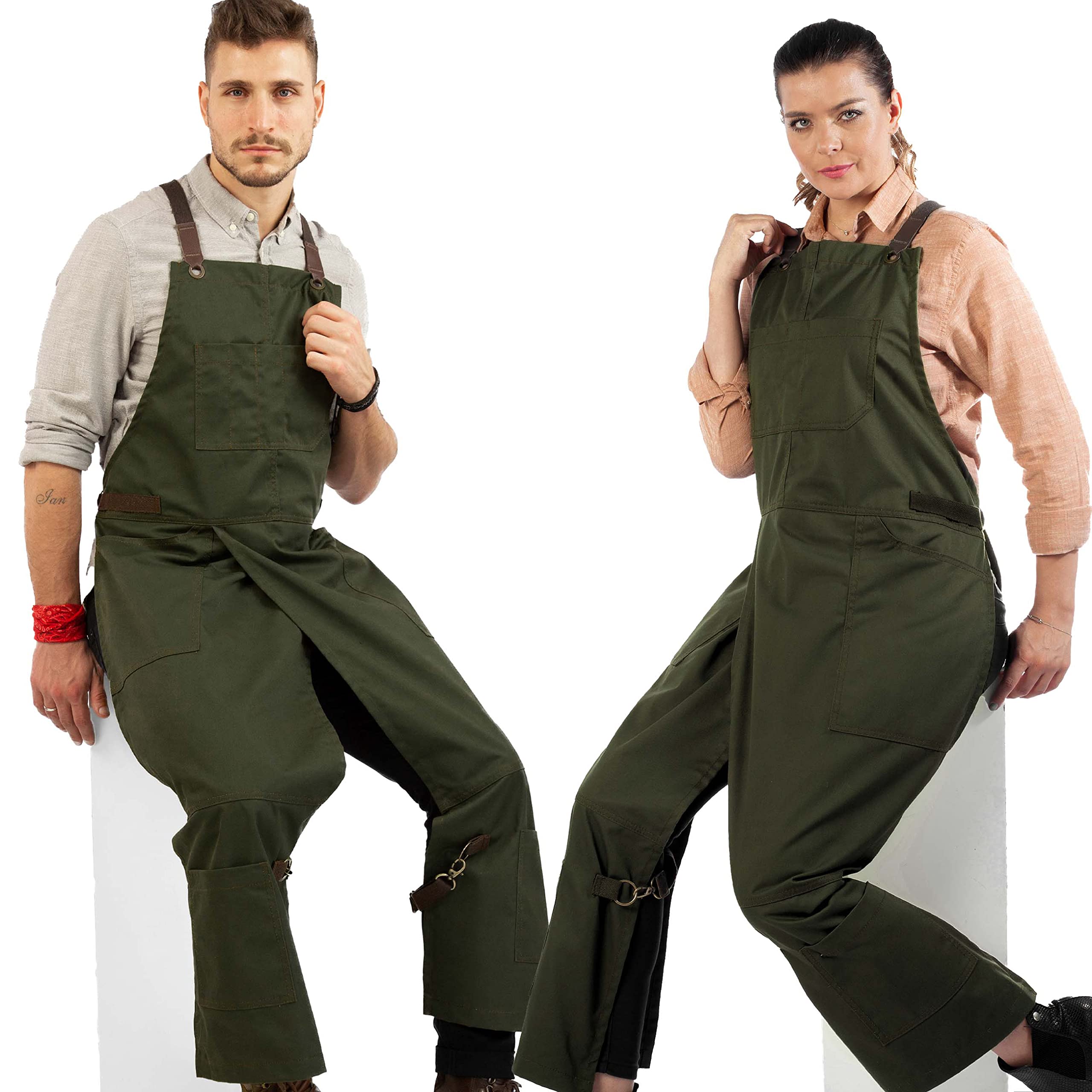 Under NY Sky Pottery Moss Green Apron – Full Coverage Cross-Back, Durable Twill, Leather Reinforcement and Overlapping Split-Leg, Adjustable for Men and Women – Pottery Artist, Mechanic, Tattoo Apron