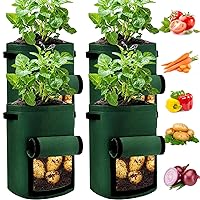 JJGoo 4 Pack Potato Grow Bags 10 Gallon with Flap, Heavy Duty Fabric with Handle and Harvest Window, Non-Woven Planter Pot Plant Garden Bags to Grow Vegetables Tomato, Blackish Green