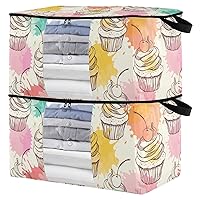 Pattern with Cupcakes Clothes Storage, Foldable Blanket Storage Bags, 95L Storage Containers for Organizing Bedroom, Closet, Clothing, Comforter, Organization and Storage with Lids and Handle