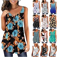 Plus Size Tank Tops for Women Summer V-Neck Sleeveless Henley Shirts Buttons Up Tunics Flowy Casual Pleated Blouses