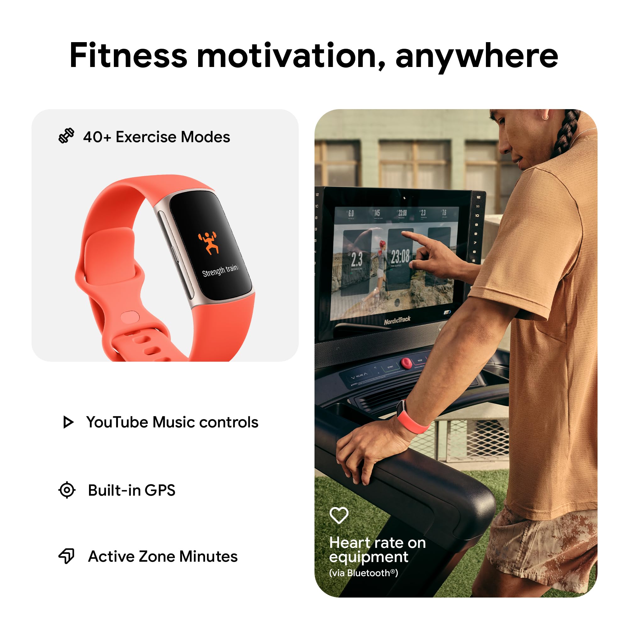 Fitbit Charge 6 Fitness Tracker with Google apps, Heart Rate on Exercise Equipment, 6-Months Premium Membership Included, GPS, Health Tools and More, Coral/Light Gold, One Size (S & L Bands Included)