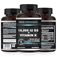 Vitamin K2 with D3 Extra Strength Supplement Bone | Heart Health Non-GMO Formula 10,000 IU Vitamin D3 & 200 mcg Vitamin K2 (MK7) | Easy to Swallow Vitamin K & D, 60 Capsules