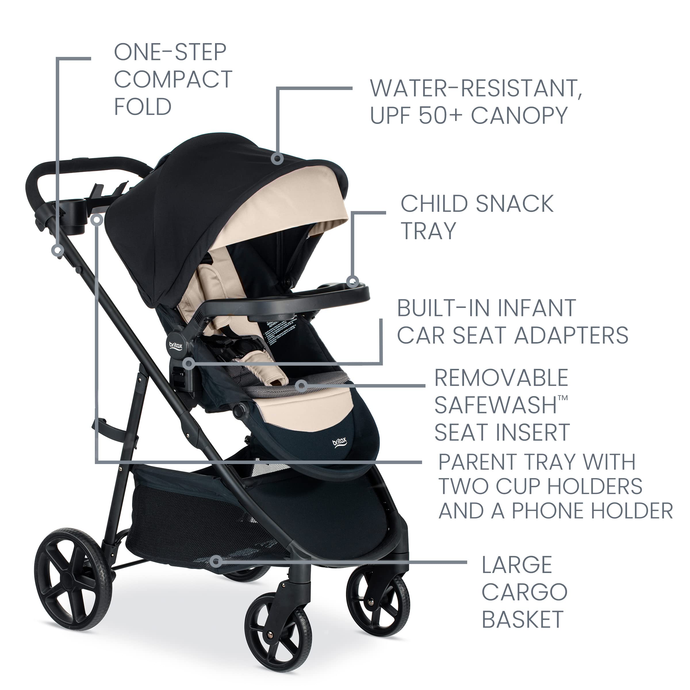 Britax Willow Brook S+ Baby Travel System, Infant Car Seat and Stroller Combo with Alpine Base, ClickTight Technology, SafeWash Insert and Cover, Sand Onyx