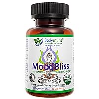 MoodBliss Stress Relief Supplement All-Natural Organic Extracts of Valerian Root Lemon Balm Chamomile St. John’s Wort Passion Flower Ashwagandha Chlorella Schisandra 60 Caps.