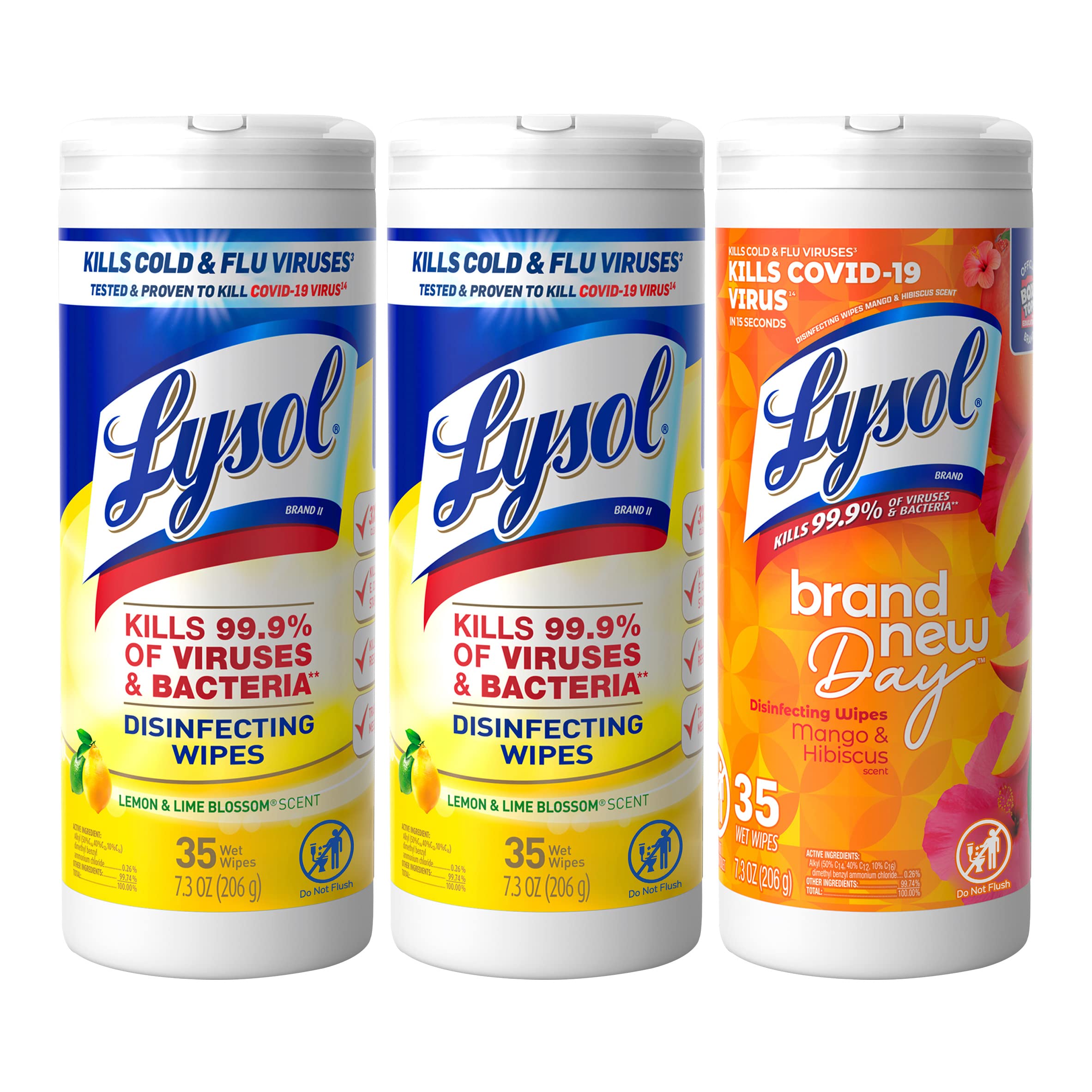 Lysol Disinfectant Wipes, Multi-Surface Antibacterial Wipes, Mixed Fragrance pack containing Lemon & Lime Blossom (2 Packs) and Mango and Hibiscus (1 Pack), 35 Count (Pack of 3)