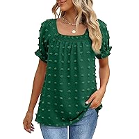 OFEEFAN Womens Tops and Blouses Square Neck Puff Sleeve Chiffon Swiss Dot S-3XL