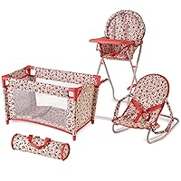 Floral Baby Doll Accessories Set - 3-1 Furniture with Crib, High Chair, Bouncer Seat Bed for 18” Play Toys 18