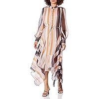 Women's High Neck Long Sleeve Handkercheif Hem Maxi Cristi Dress, Stripe, Large