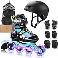5 Size Adjustable Inline Skates for Beginner, Light up Roller Shoes with Kids Sports Protective Equipment Combination - L 4-8 US