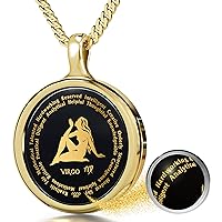 Virgo Necklace Zodiac Pendant for Birthdays 23rd August to 22nd September with Star Sign and Personality Characteristics Inscribed in 24k Gold on Round Black Onyx Gemstone, 18