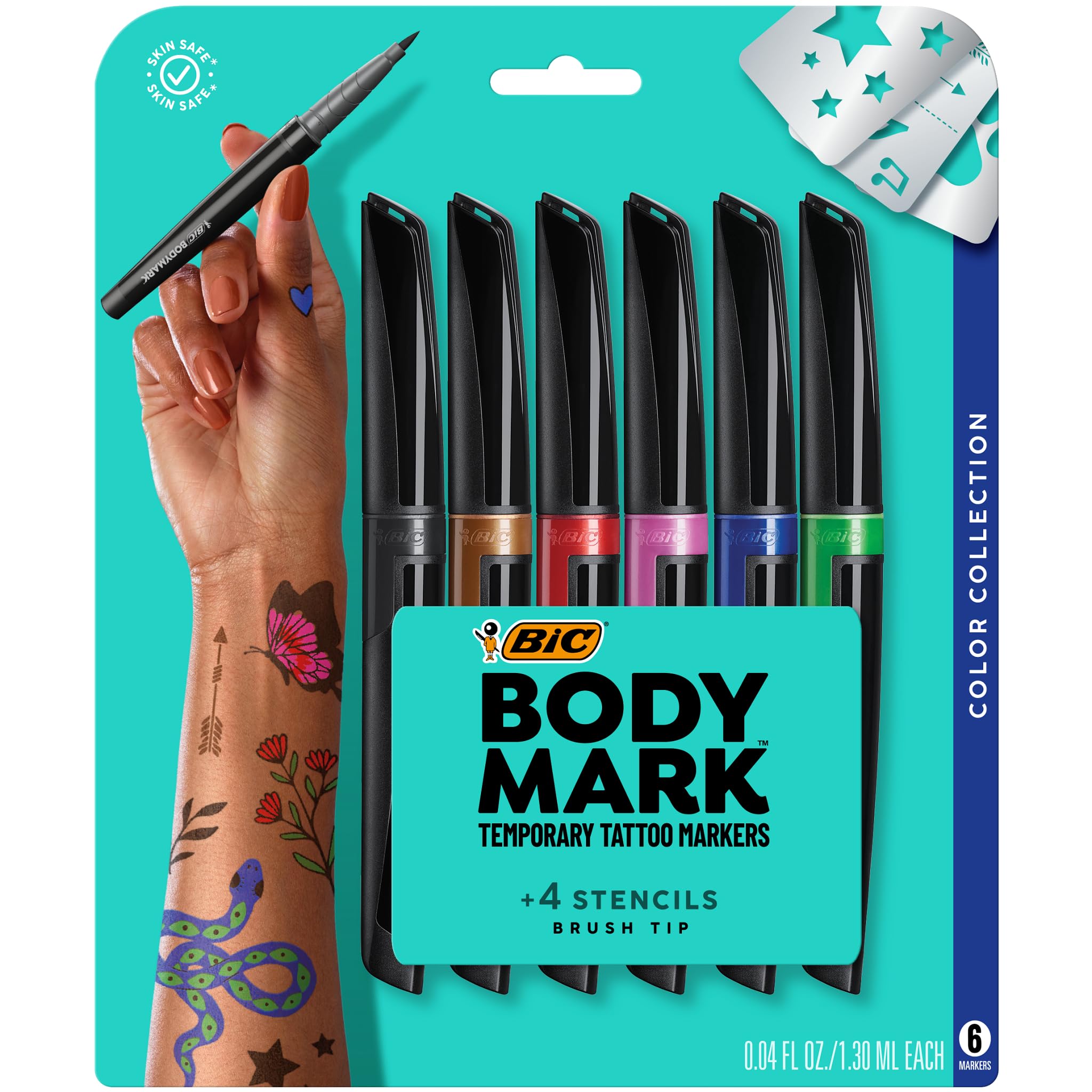 BodyMark BIC Temporary Tattoo Markers for Skin, Color Collection, Flexible Brush Tip, Assorted Colors, Skin-Safe*, Cosmetic Quality, 6-Count