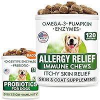 Allergy Relief + Dog Probiotics Chews Bundle - Itchy Skin Relief + Upset Stomach Relief - Omega 3, Pumpkin, Enzymes, Prebiotics - Seasonal Allergies + Improve Digestion - 120 + 120 Chews - Made in USA