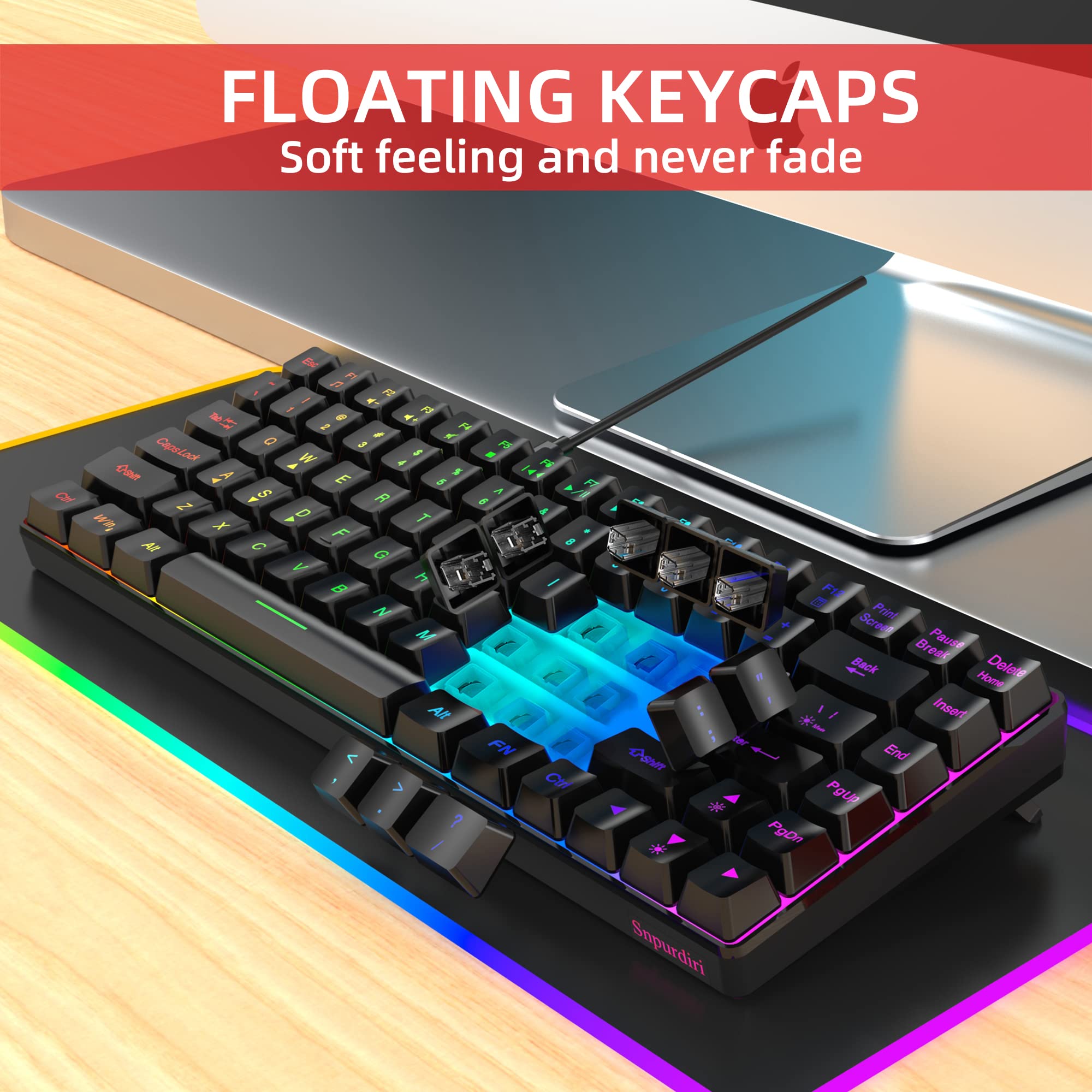 Snpurdiri Wired Gaming Keyboard, Rainbow Backlit Mini Gaming Keyboard, Compact Ergonomic Keyboard for Windows, PC, Laptop, Gaming (84 Keys, Black)