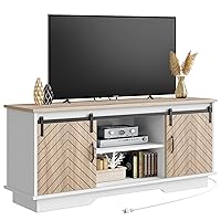 YITAHOME Farmhouse TV Stand for 65 60 Inch TV, Rustic Entertainment Center with Sliding Barn Door, Adjustable Shelves, Wood Media Console Cabinet for Living Room, White