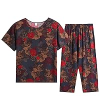 Ethnic Style Womens Pajama Set Cotton Linen Floral Short Sleeve Crewneck T-Shirts and Pants Vintage Loungewear Sets