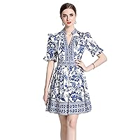 LAI MENG FIVE CATS Women's Summer Puff Sleeve V-Neck Floral Print Casual Swing Mini Dress(Suitable Petite Fit)