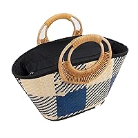 Bamboo Women Straw Hand-woven Top-handle Handbag (Blue)