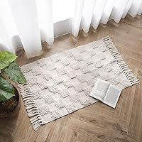 Lahome Checkered Boho Bathroom Rugs, Small 2x3 Rug Checkered Bath Mat Farmhouse Kitchen Rug Washable Tufted Rug with Tassels, Non-Shedding Neutral Woven Beige Rug Indoor Carpet for Bedroom Table