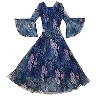 MedeShe Women's Bell Sleeve Flowy Chiffon Maxi Dress Holiday Beach Floral Sundress