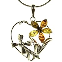 Baltic amber and sterling silver 925 designer multi-coloured flower leaf pendant necklace - 10 12 14 16 18 20 22 24 26 28 30 32 34 36 38 40