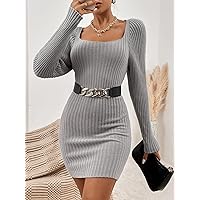 Women's Fashion Dress -Dresses Square Neck Tie Back Sweater Dress Without Belt Sweater Dress for Women (Color : Gray, Size : Small)