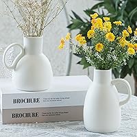 White Ceramic Vase Set - 2 Small Vases with Handle, Pottery Vases for Modern Home Decor, Minimalist Matte Pitcher for Fowers, Decorative Clay Vase Centerpiece Dining Table Decorations