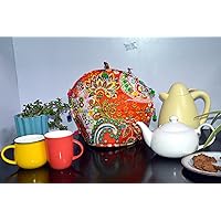 Handmade Tea Cozy, Cotton Vintage Decorative Tea Cosy, Country Style Floral Tea Cozies for Teapot Keep Warm Double Tnsulated Kettle Cover (Orange paisley with pom pom)