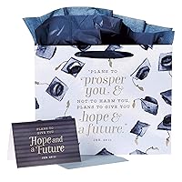 Christian Art Gifts Landscape Gift Bag with Card and Tissue Paper Set - Hope and A Future - Jeremiah 29:11 Inspirational Bible Verse, Navy Graduation Cap, Large