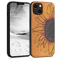 kwmobile Wood Case Compatible with Apple iPhone 13 Case - Cover - Wood Sunflower Yellow/Dark Brown/Light Brown