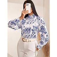 Women's Shirts Women's Tops Shirts for Women Floral Print Bishop Sleeve Mock Neck Shirt (Color : Multicolor, Size : X-Large)