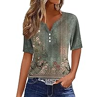 Women's Short Sleeve Tops Summer Tops for Women Short Sleeve V Neck 2024 Summer Casual T Shirt Tee Fashion Novelty Print Button Blouses Basic Pullover 44-Army Green 3X-Large