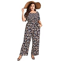 KOJOOIN Plus Size Casual Jumpsuits for Women Outfits Tie Belt Bell Sleeve Smocked Beach Wide Leg Floral Jumpsuits