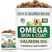 Omega 3 for Dogs + Dog Probiotics Chews Bundle - Itch Relief + Upset Stomach Relief - EPA & DHA Fatty Acids + Enzymes + Prebiotics - Joint Health + Improve Digestion - 120 + 180 Chews - Made in USA