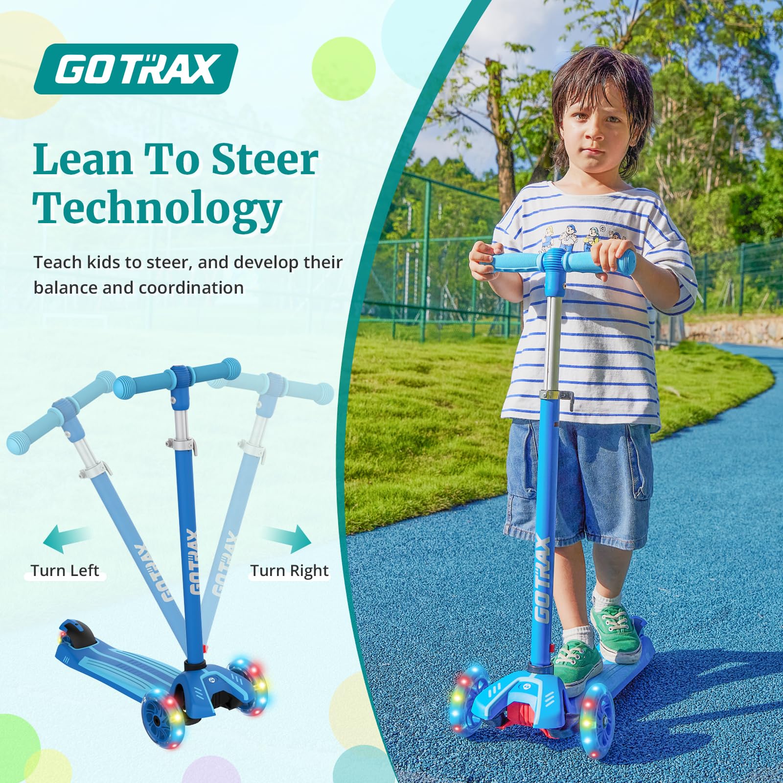 Gotrax KS1/KS3 Kids Kick Scooter, LED Lighted Wheels and 3Adjustable Height Handlebars, Lean-to-Steer & Widen Anti-Slip Deck, 3 Wheel Scooter for Boys & Girls Ages 2-8 and up to 100 Lbs