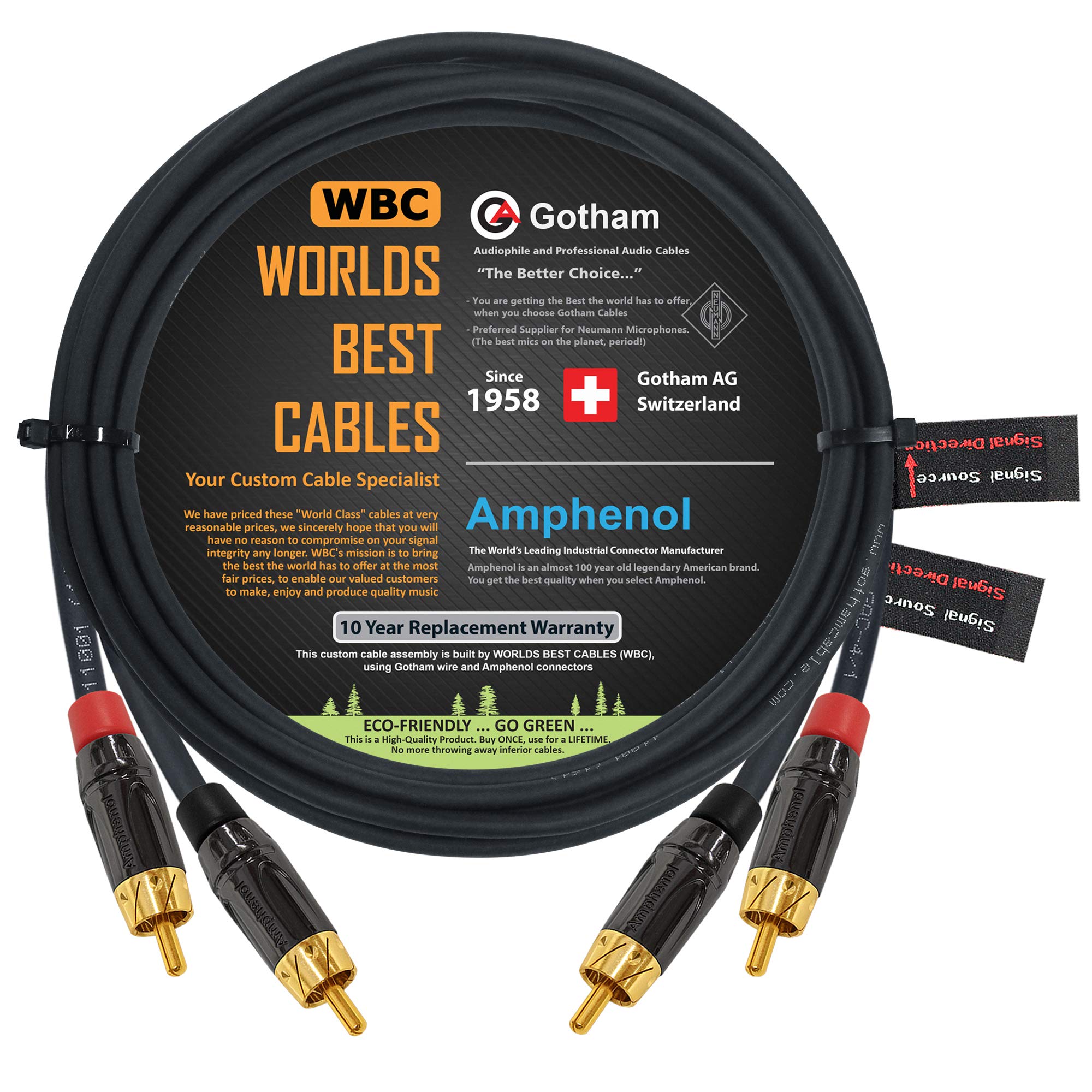 10 Foot RCA Cable Pair - Gotham GAC-4/1 (Black) Star-Quad Audio Interconnect Cable with Amphenol ACPL Black Chrome Body, Gold Plated RCA Connectors...