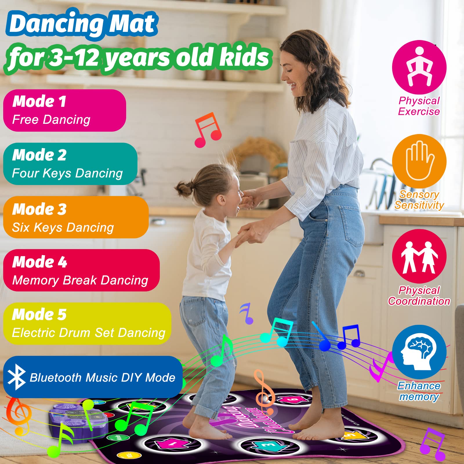 COTTEOX Dance Mat Toys with Wireless Bluetooth for 3-12 Year Old Kids, Lights Up Dance Pad with Built-in Music 6 Levels Dance Games, Gifts for 3 4 5 6 7 8 9 10 11 Year Old Girls Boys, Dual Speaker