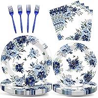 Wiooffen 96 Pcs Peony Party Supplies Set Blue Flower Paper Plates Peony Theme Party Plates Summer Holiday Wedding Baby Shower Birthday Plates and Napkins Navy Paper Plates Napkins Forks for 24 Guests